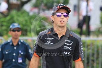 World © Octane Photographic Ltd. Sahara Force India VJM08B – Sergio Perez. Thursday 17th September 2015, F1 Singapore Grand Prix Paddock, Marina Bay. Digital Ref: