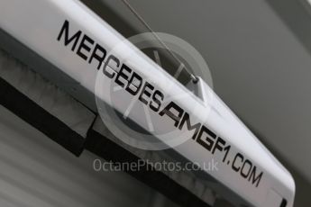 World © Octane Photographic Ltd. Mercedes AMG Petronas pit gantry logo. Friday 18th September 2015, F1 Singapore Grand Prix Pit Lane, Marina Bay. Digital Ref: 1427CB7D0197