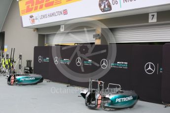 World © Octane Photographic Ltd. Mercedes AMG Petronas F1 W06 Hybrid garages. Wednesday 16th September 2015, F1 Singapore Grand Prix Set Up, Marina Bay. Digital Ref: 1423CB5D9416