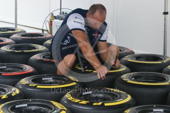 World © Octane Photographic Ltd. Williams Martini Racing Pirelli Red (Super soft compound) and Yellow (Soft compound) tyres. Wednesday 16th September 2015, F1 Singapore Grand Prix Set Up, Marina Bay. Digital Ref: