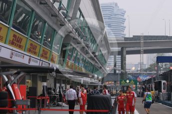 World © Octane Photographic Ltd. F1 illuminations and FOM logo. Wednesday 16th September 2015, F1 Pitlane being set up, Marina Bay. Digital Ref: