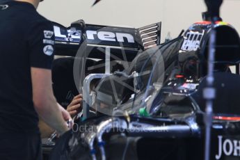 World © Octane Photographic Ltd. McLaren Honda MP4/30 side pod detail and rear wing. Wednesday 16th September 2015, F1 Singapore Grand Prix Set Up, Marina Bay. Digital Ref: