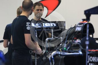 World © Octane Photographic Ltd. McLaren Honda MP4/30 side pod detail and rear wing. Wednesday 16th September 2015, F1 Singapore Grand Prix Set Up, Marina Bay. Digital Ref: