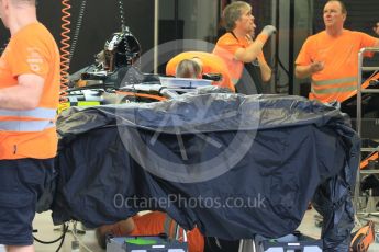 World © Octane Photographic Ltd. Sahara Force India VJM08B – Front suspension under wraps. Wednesday 16th September 2015, F1 Singapore Grand Prix Set Up, Marina Bay. Digital Ref: