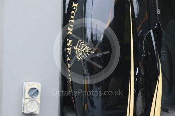 World © Octane Photographic Ltd. Lotus F1 Team E23 Hybrid Fours Seasons logo. Wednesday 16th September 2015, F1 Singapore Grand Prix Set Up, Marina Bay. Digital Ref: