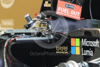 World © Octane Photographic Ltd. Lotus F1 Team E23 Hybrid Made in Enstone logo. Wednesday 16th September 2015, F1 Singapore Grand Prix Set Up, Marina Bay. Digital Ref: