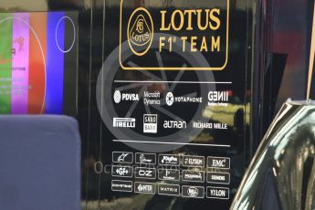 World © Octane Photographic Ltd. Lotus F1 Team E23 Hybrid sponsors wall. Wednesday 16th September 2015, F1 Singapore Grand Prix Set Up, Marina Bay. Digital Ref: