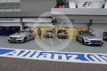 World © Octane Photographic Ltd. Mercedes AMG GTs safety cars and AMG C63 Estate Medical cars in the FIA garage. Wednesday 16th September 2015, F1 Singapore Grand Prix Set Up, Marina Bay. Digital Ref: 1423LB1L9561