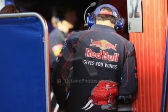 World © Octane Photographic Ltd. Scuderia Toro Rosso STR10 – Carlos Sainz Jnr looking in the Toro Rosso garage. Tuesday 12th May 2015, F1 In-season testing, Circuit de Barcelona-Catalunya, Spain. Digital Ref: 1268LB1D1292