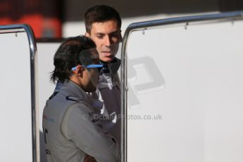 World © Octane Photographic Ltd. Williams Martini Racing Alex Lynn and Felipe Massa talk in the pit lane. Tuesday 12th May 2015, F1 In-season testing, Circuit de Barcelona-Catalunya, Spain. Digital Ref: 1268LB1D1522