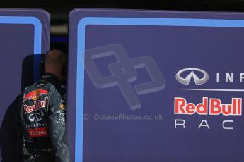 World © Octane Photographic Ltd. Infiniti Red Bull Racing pit lane member looks into the garage between the screens. Tuesday 12th May 2015, F1 In-season testing, Circuit de Barcelona-Catalunya, Spain. Digital Ref: 1268LB1D1651