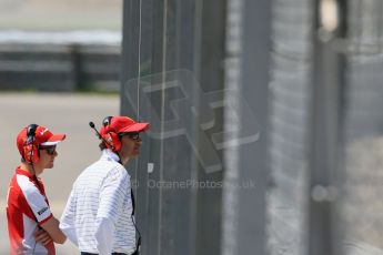 World © Octane Photographic Ltd. Scuderia Ferrari Esteban Gutierrez watching trackside with guest. Sunday Tuesday 12th 2015, F1 In-season testing, Circuit de Barcelona-Catalunya, Spain. Digital Ref: 1268LB1D2121