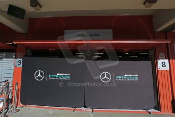 World © Octane Photographic Ltd. Mercedes AMG Petronas F1 garage with screens in front. Tuesday 12th May 2015, F1 In-season testing, Circuit de Barcelona-Catalunya, Spain. Digital Ref: 1268LB5D2209