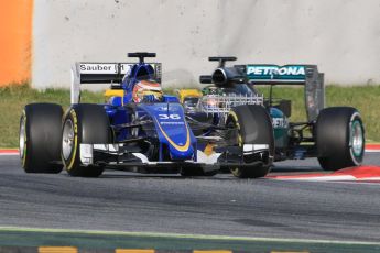 World © Octane Photographic Ltd. Sauber F1 Team C34-Ferrari – Raffaele Marciello and Mercedes AMG Petronas F1 W06 Hybrid – Pascal Wehrlein. Wednesday 13th May 2015, F1 In-season testing, Circuit de Barcelona-Catalunya, Spain. Digital Ref: 1269CB7D1735