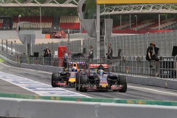 World © Octane Photographic Ltd. Infiniti Red Bull Racing RB11 – Pierre Gasly and Scuderia Toro Rosso STR10 – Carlos Sainz Jnr. Wednesday 13th May 2015, F1 In-season testing, Circuit de Barcelona-Catalunya, Spain. Digital Ref: 1269CB7D2389