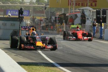 World © Octane Photographic Ltd. Infiniti Red Bull Racing RB11 – Daniel Ricciardo and Scuderia Ferrari SF15-T– Kimi Raikkonen. Friday 8th May 2015, F1 Spanish GP Practice 1, Circuit de Barcelona-Catalunya, Spain. Digital Ref: 1249CB1L6141