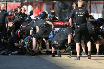 World © Octane Photographic Ltd. Lotus F1 Team E23 Hybrid crew practice a pit stops. Friday 8th May 2015, F1 Spanish GP Practice 1, Circuit de Barcelona-Catalunya, Spain. Digital Ref: 1249CB5D0501