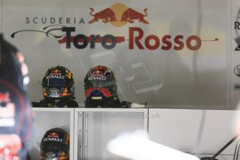 World © Octane Photographic Ltd. Scuderia Toro Rosso garage. Friday 8th May 2015, F1 Spanish GP Practice 1, Circuit de Barcelona-Catalunya, Spain. Digital Ref: 1249CB5D0514
