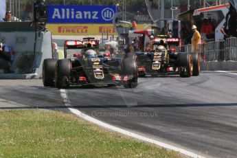 World © Octane Photographic Ltd. Lotus F1 Team E23 Hybrid – Romain Grosjean and Pastor Maldonado. Saturday 9th May 2015, F1 Spanish GP Formula 1 Practice 3, Circuit de Barcelona-Catalunya, Spain. Digital Ref: 1256CB7D7848