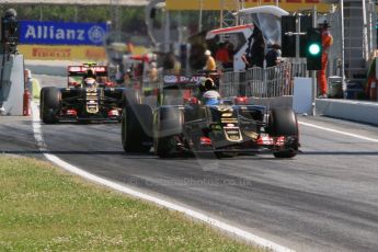 World © Octane Photographic Ltd. Lotus F1 Team E23 Hybrid – Romain Grosjean and Pastor Maldonado. Saturday 9th May 2015, F1 Spanish GP Formula 1 Practice 3, Circuit de Barcelona-Catalunya, Spain. Digital Ref: 1256CB7D7856