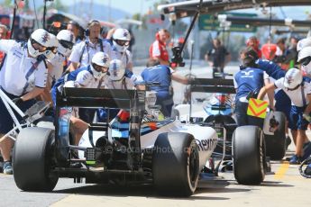 World © Octane Photographic Ltd. Williams Martini Racing FW37 practice pitstop. Saturday 9th May 2015, F1 Spanish GP Formula 1 Practice 3, Circuit de Barcelona-Catalunya, Spain. Digital Ref: 1256LB1D8207