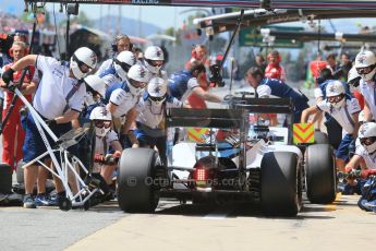 World © Octane Photographic Ltd. Williams Martini Racing FW37 practice pitstop. Saturday 9th May 2015, F1 Spanish GP Formula 1 Practice 3, Circuit de Barcelona-Catalunya, Spain. Digital Ref: 1256LB1D8212