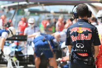 World © Octane Photographic Ltd. Infiniti Red Bull Racing crew watching Martini Williams pitstop practice. Saturday 9th May 2015, F1 Spanish GP Formula 1 Practice 3, Circuit de Barcelona-Catalunya, Spain. Digital Ref: 1256LB1D8218