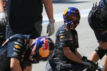 World © Octane Photographic Ltd. Infiniti Red Bull Racing – Practice pitstop. Saturday 9th May 2015, F1 Spanish GP Formula 1 Practice 3, Circuit de Barcelona-Catalunya, Spain. Digital Ref: 1256LB1D8254