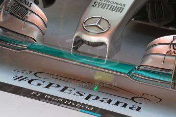 World © Octane Photographic Ltd. Mercedes AMG Petronas F1 W06 Hybrid – garage detail and nose. Saturday 9th May 2015, F1 Spanish GP Formula 1 Practice 3, Circuit de Barcelona-Catalunya, Spain. Digital Ref: 1256LW1L7719