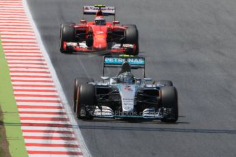 World © Octane Photographic Ltd. Mercedes AMG Petronas F1 W06 Hybrid – Nico Rosberg and Scuderia Ferrari SF15-T– Kimi Raikkonen. Sunday 10th May 2015, F1 Spanish GP Formula 1 Race, Circuit de Barcelona-Catalunya, Spain. Digital Ref: 1265CB0202