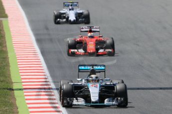 World © Octane Photographic Ltd. Mercedes AMG Petronas F1 W06 Hybrid – Lewis Hamilton and Scuderia Ferrari SF15-T– Sebastian Vettel. Sunday 10th May 2015, F1 Spanish GP Formula 1 Race, Circuit de Barcelona-Catalunya, Spain. Digital Ref: 1265CB0305