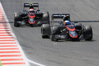 World © Octane Photographic Ltd. McLaren Honda MP4/30 – Fernando Alonso and Jenson Button. Sunday 10th May 2015, F1 Spanish GP Formula 1 Race, Circuit de Barcelona-Catalunya, Spain. Digital Ref: 1265CB0347
