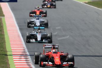 World © Octane Photographic Ltd. Scuderia Ferrari SF15-T– Sebastian Vettel and Mercedes AMG Petronas F1 W06 Hybrid – Lewis Hamilton. Sunday 10th May 2015, F1 Spanish GP Formula 1 Race, Circuit de Barcelona-Catalunya, Spain. Digital Ref: 1265CB0414