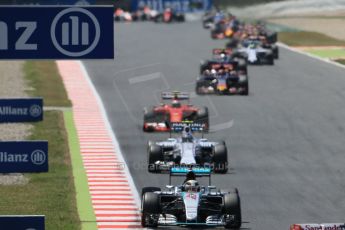 World © Octane Photographic Ltd. Mercedes AMG Petronas F1 W06 Hybrid – Lewis Hamilton and Williams Martini Racing FW37 – Valtteri Bottas. Sunday 10th May 2015, F1 Spanish GP Formula 1 Race, Circuit de Barcelona-Catalunya, Spain. Digital Ref: 1265CB0415