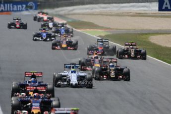 © Octane Photographic Ltd. The pack racing on the back straight. Sunday 10th May 2015, F1 Spanish GP Formula 1 Race, Circuit de Barcelona-Catalunya, Spain. Digital Ref: 1265CB0425