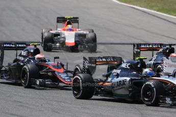 © Octane Photographic Ltd. Sahara Force India VJM08 – Sergio Perez and McLaren Honda MP4/30 - Jenson Button. Sunday 10th May 2015, F1 Spanish GP Formula 1 Race, Circuit de Barcelona-Catalunya, Spain. Digital Ref: 1265CB0450