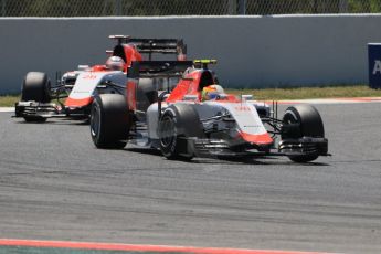 World © Octane Photographic Ltd. Manor Marussia F1 Team MR03 – Roberto Merhi and William Stevens. Sunday 10th May 2015, F1 Spanish GP Formula 1 Race, Circuit de Barcelona-Catalunya, Spain. Digital Ref: 1265CB0570