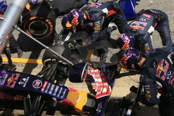 World © Octane Photographic Ltd. Infiniti Red Bull Racing RB11 – Daniil Kvyat pitstop. Sunday 10th May 2015, F1 Spanish GP Formula 1 Race, Circuit de Barcelona-Catalunya, Spain. Digital Ref: 1265CB1D0797