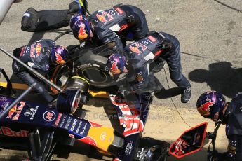 World © Octane Photographic Ltd. Infiniti Red Bull Racing RB11 – Daniil Kvyat pitstop. Sunday 10th May 2015, F1 Spanish GP Formula 1 Race, Circuit de Barcelona-Catalunya, Spain. Digital Ref: 1265CB1D0807