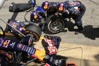World © Octane Photographic Ltd. Infiniti Red Bull Racing RB11 – Daniil Kvyat pitstop. Sunday 10th May 2015, F1 Spanish GP Formula 1 Race, Circuit de Barcelona-Catalunya, Spain. Digital Ref: 1265CB1D0812