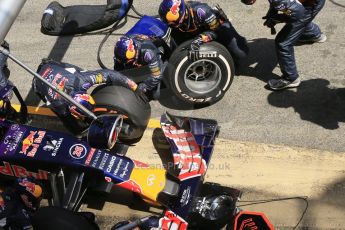 World © Octane Photographic Ltd. Infiniti Red Bull Racing RB11 – Daniil Kvyat pitstop. Sunday 10th May 2015, F1 Spanish GP Formula 1 Race, Circuit de Barcelona-Catalunya, Spain. Digital Ref: 1265CB1D0816