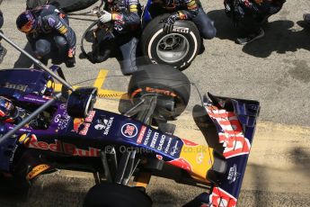 World © Octane Photographic Ltd. Infiniti Red Bull Racing RB11 – Daniil Kvyat pitstop. Sunday 10th May 2015, F1 Spanish GP Formula 1 Race, Circuit de Barcelona-Catalunya, Spain. Digital Ref: 1265CB1D0826