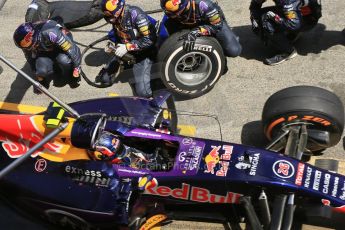 World © Octane Photographic Ltd. Infiniti Red Bull Racing RB11 – Daniil Kvyat pitstop. Sunday 10th May 2015, F1 Spanish GP Formula 1 Race, Circuit de Barcelona-Catalunya, Spain. Digital Ref: 1265CB1D0829