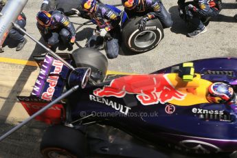 World © Octane Photographic Ltd. Infiniti Red Bull Racing RB11 – Daniil Kvyat pitstop. Sunday 10th May 2015, F1 Spanish GP Formula 1 Race, Circuit de Barcelona-Catalunya, Spain. Digital Ref: 1265CB1D0832