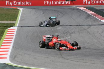 World © Octane Photographic Ltd. Scuderia Ferrari SF15-T– Sebastian Vettel and Mercedes AMG Petronas F1 W06 Hybrid – Lewis Hamilton. Sunday 10th May 2015, F1 Spanish GP Formula 1 Race, Circuit de Barcelona-Catalunya, Spain. Digital Ref: 1265CB5D1981