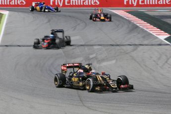 World © Octane Photographic Ltd. Lotus F1 Team E23 Hybrid – Romain Grosjean and McLaren Honda MP4/30 – Fernando Alonso. Sunday 10th May 2015, F1 Spanish GP Formula 1 Race, Circuit de Barcelona-Catalunya, Spain. Digital Ref: 1265CB5D1994