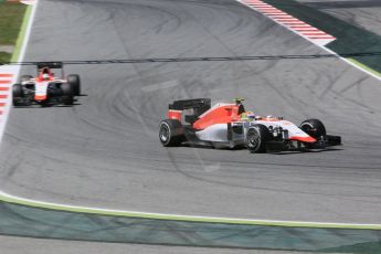 World © Octane Photographic Ltd. Manor Marussia F1 Team MR03 – Roberto Merhi and William Stevens. Sunday 10th May 2015, F1 Spanish GP Formula 1 Race, Circuit de Barcelona-Catalunya, Spain. Digital Ref: 1265CB5D2012