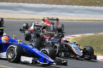 World © Octane Photographic Ltd. Sauber F1 Team C34-Ferrari – Felipe Nasr and Sahara Force India VJM08 – Nico Hulkenberg. . Sunday 10th May 2015, F1 Spanish GP Formula 1 Race Circuit de Barcelona-Catalunya, Spain. Digital Ref: 1265LB1D0383