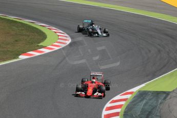 World © Octane Photographic Ltd. Scuderia Ferrari SF15-T– Sebastian Vettel and Mercedes AMG Petronas F1 W06 Hybrid – Lewis Hamilton. Sunday 10th May 2015, F1 Spanish GP Formula 1 Race, Circuit de Barcelona-Catalunya, Spain. Digital Ref: 1265LB1D0401