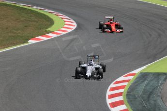 World © Octane Photographic Ltd. Williams Martini Racing FW37 – Valtteri Bottas and Scuderia Ferrari SF15-T– Kimi Raikkonen. Sunday 10th May 2015, F1 Spanish GP Formula 1 Race, Circuit de Barcelona-Catalunya, Spain. Digital Ref: 1265LB1D0411